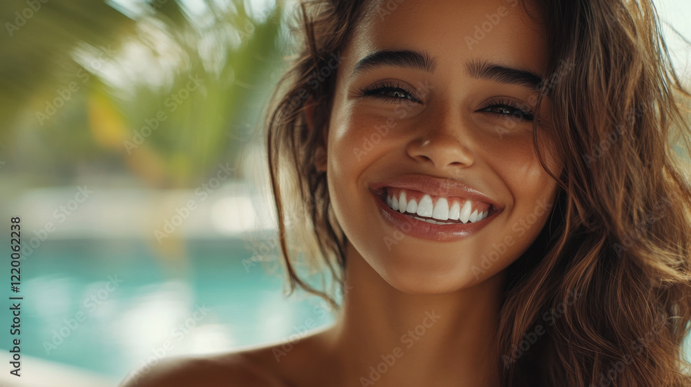 Smiling woman with long hair, bright smile, and natural beauty, enjoying sunny day by water, exuding happiness and warmth Smiling woman with long hair, bright smile, and natural beauty, enjoying sunny day by water, exuding happiness and warmth