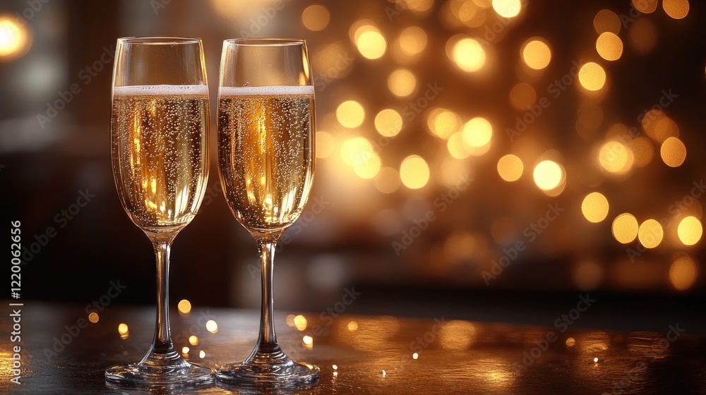 Elegant champagne flutes filled with sparkling wine against a blurred background of golden lights Elegant champagne flutes filled with sparkling wine against a blurred background of golden lights