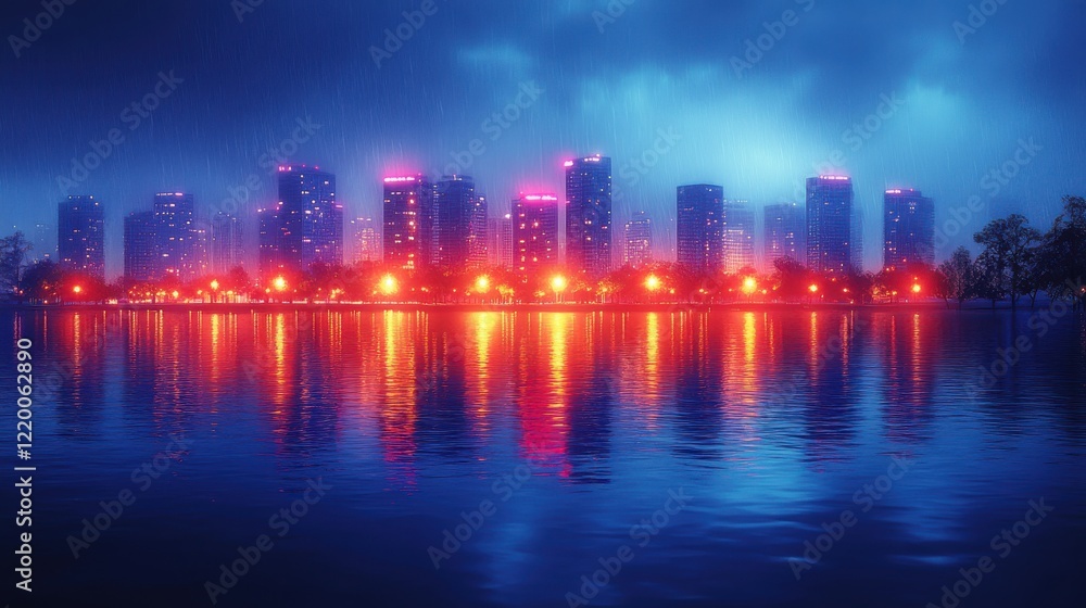Fototapeta premium Futuristic Neon Cityscape: Vibrant Watercolor Illustration with High Contrast