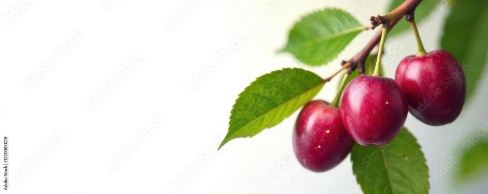 Pruned plum branch with green leaves against white background, plum, orchard, fresh produce Pruned plum branch with green leaves against white background, plum, orchard, fresh produce