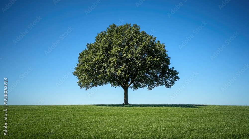 A lone, mature tree at the center of an endless green field, surrounded by soft grass and a clear blue sky above, capturing the essence of natural solitude and simplicity. A lone, mature tree at the center of an endless green field, surrounded by soft grass and a clear blue sky above, capturing the essence of natural solitude and simplicity.