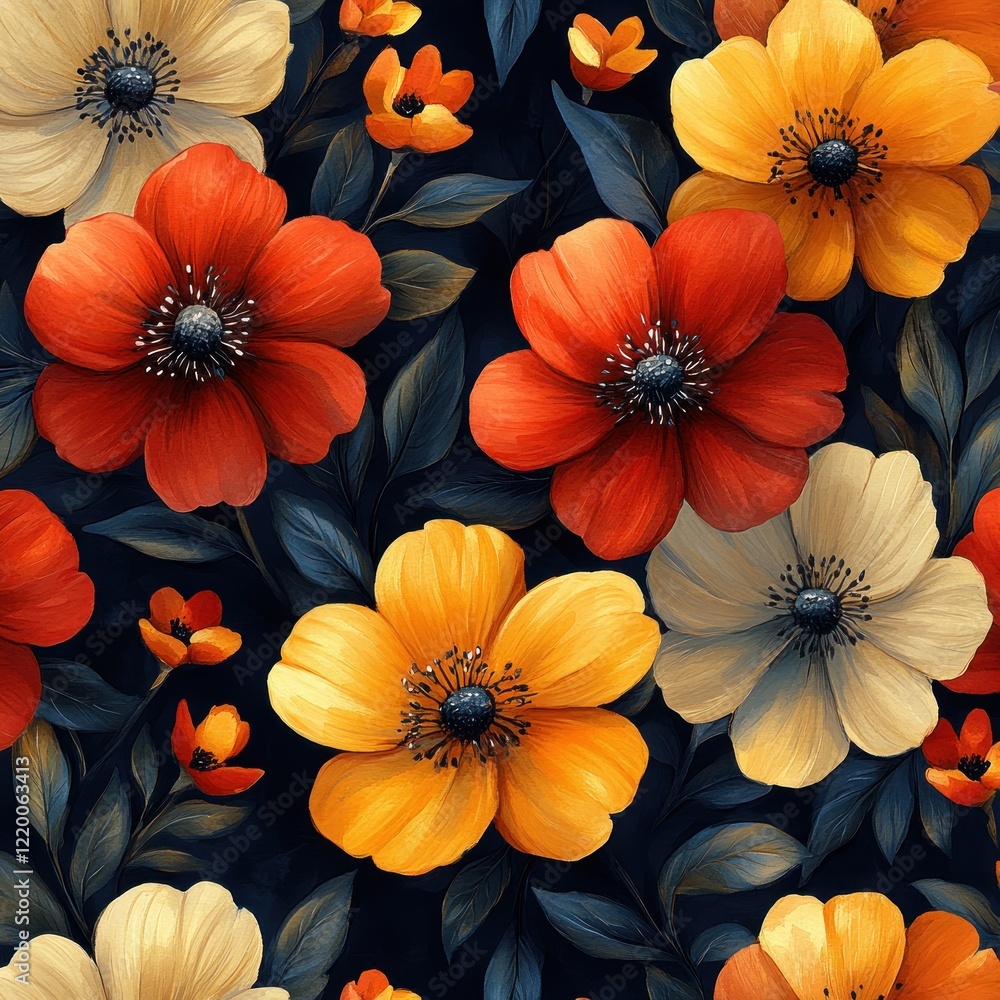 Vibrant Tropical Floral Pattern with Bold Red and Yellow Flowers on Dark Navy Background Vibrant Tropical Floral Pattern with Bold Red and Yellow Flowers on Dark Navy Background