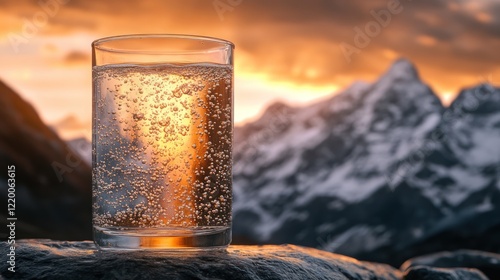 A glass of sparkling water illuminated by a sunset against a mountain backdrop.