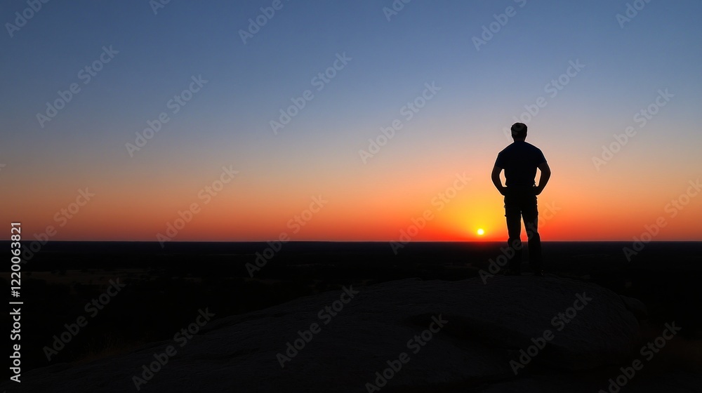 A silhouette of a person standing on a rock, watching the sunset over a vast landscape. A silhouette of a person standing on a rock, watching the sunset over a vast landscape.