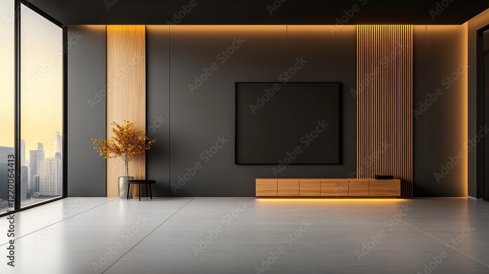 Minimalist Modern Room with Gray Slat Wall and Wooden Cabinet for Sleek Style Minimalist Modern Room with Gray Slat Wall and Wooden Cabinet for Sleek Style