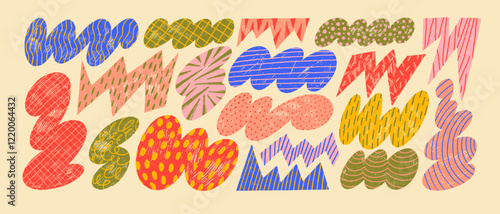 Funky abstract geometric organic shapes with doodle patterns drawn by crayon. Hand drawn naive rough cloud and zigzag shapes. Multi colored naive style childish vector elements for graphic design.