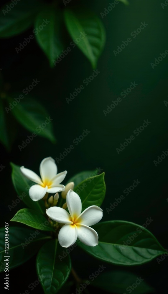 Obraz premium Dark, glossy background with lush green leaves and a few jasmine flowers in the foreground, florals, blossom