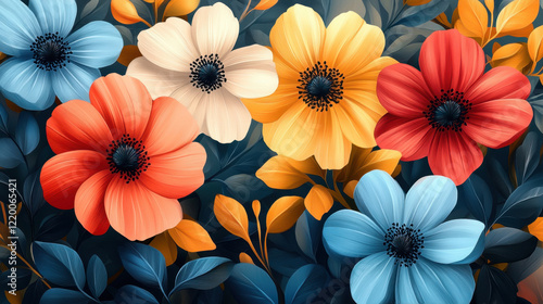 Wallpaper Mural Vibrant floral arrangement featuring colorful flowers in various shades, surrounded by lush green leaves, creating lively and cheerful atmosphere Torontodigital.ca