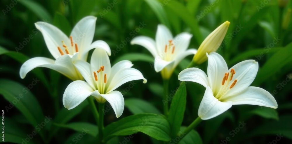 Pure white lily flowers isolated against dense green foliage, bloom, peaceful Pure white lily flowers isolated against dense green foliage, bloom, peaceful