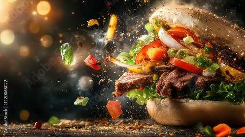 Juicy steak burger with exploding ingredients, vegetables, and seasonings. photo