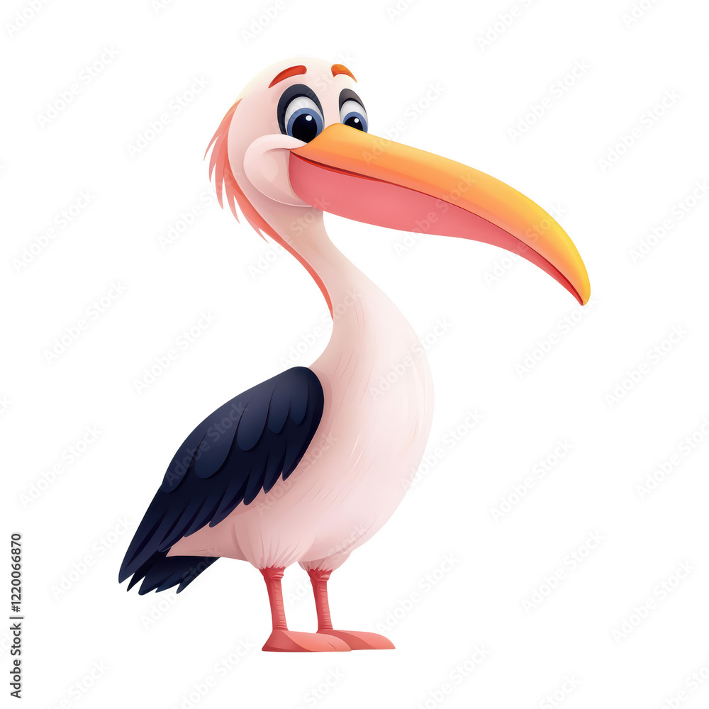 Fototapeta premium Cheerful cartoon pelican with long orange beak and expressive eyes, standing upright