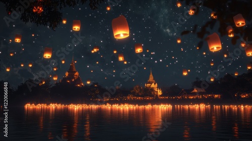 A serene night scene with floating lanterns illuminating a lake and temples under a starry sky.