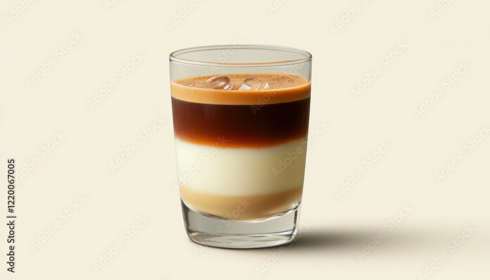 Layered Iced Coffee Delight with Cream and Milk in a Tall Clear Glass Layered Iced Coffee Delight with Cream and Milk in a Tall Clear Glass