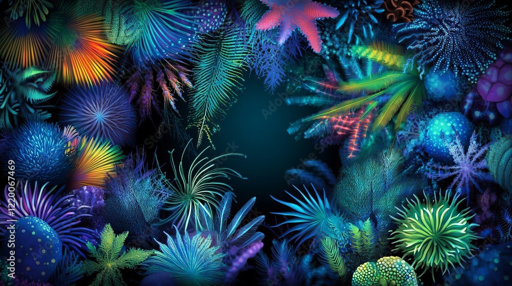 Fototapeta premium Bioluminescent Underwater Flora Frame, Dark Ocean Scene