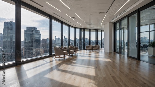 Modern Office Interior with Blurred Panoramic Windows View