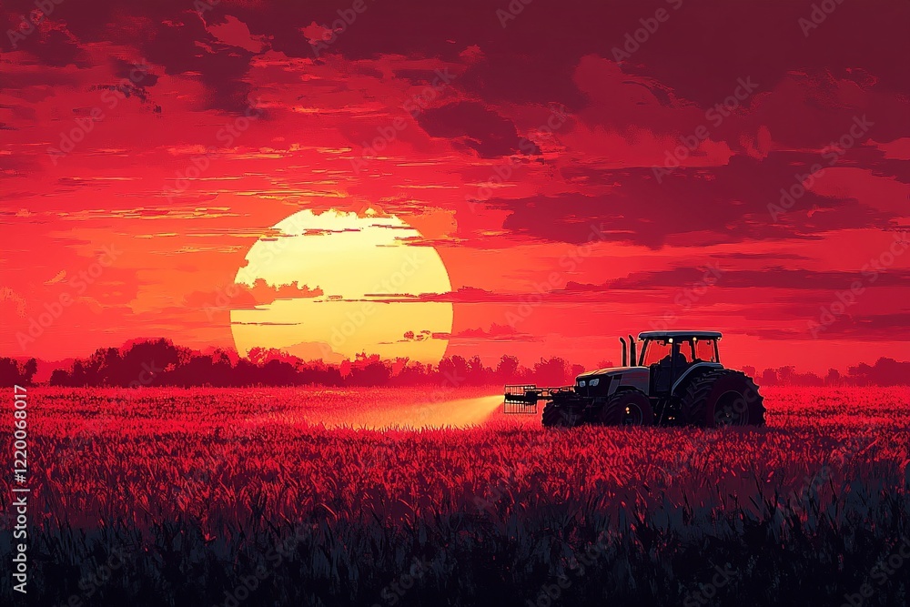 Fototapeta premium Tractor plowing field at sunset