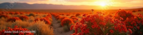 Pyracantha coccinea flowers glowing in warm sunlight on a vast open steppe during sunrise, bush, colors