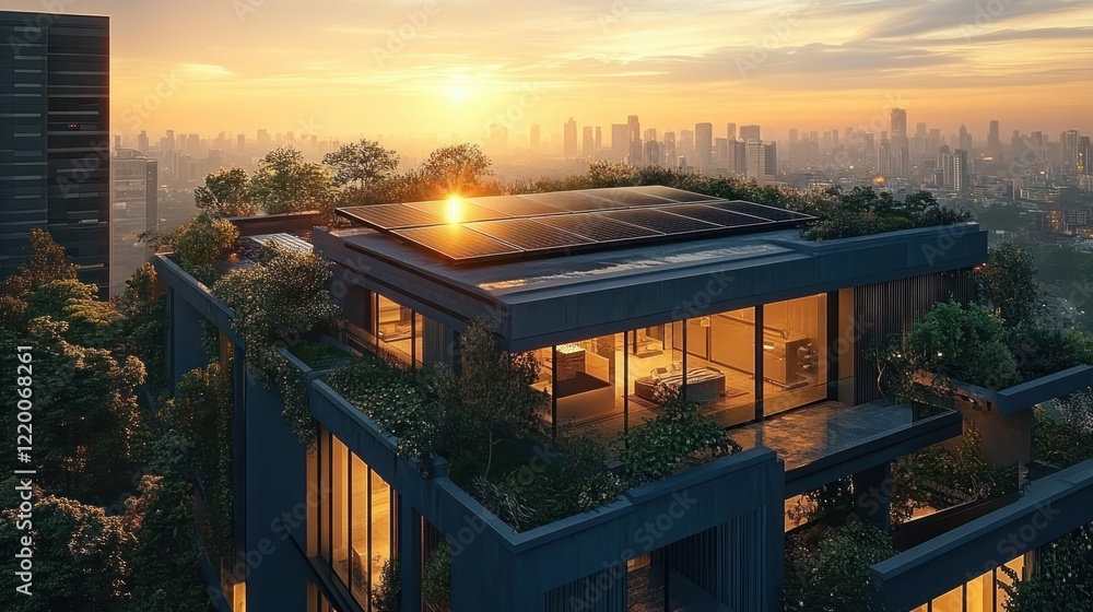 Fototapeta premium Futuristic Rooftop Garden with Solar Panels in Sunset Cityscape