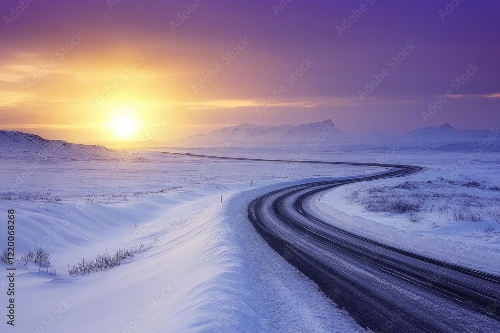 A long, empty winter highway winding through snow-covered plains toward distant mountains. The sun is setting, A long, empty winter highway winding through snow-covered plains toward distant mountains. The sun is setting,
