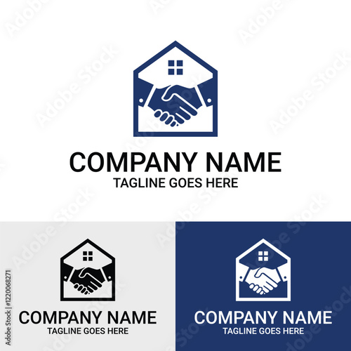 Real Estate Partnership, Broker Logo Design Template. Real Estate Agent Logo Design. Modern logo design template featuring a house icon and two hands shaking.