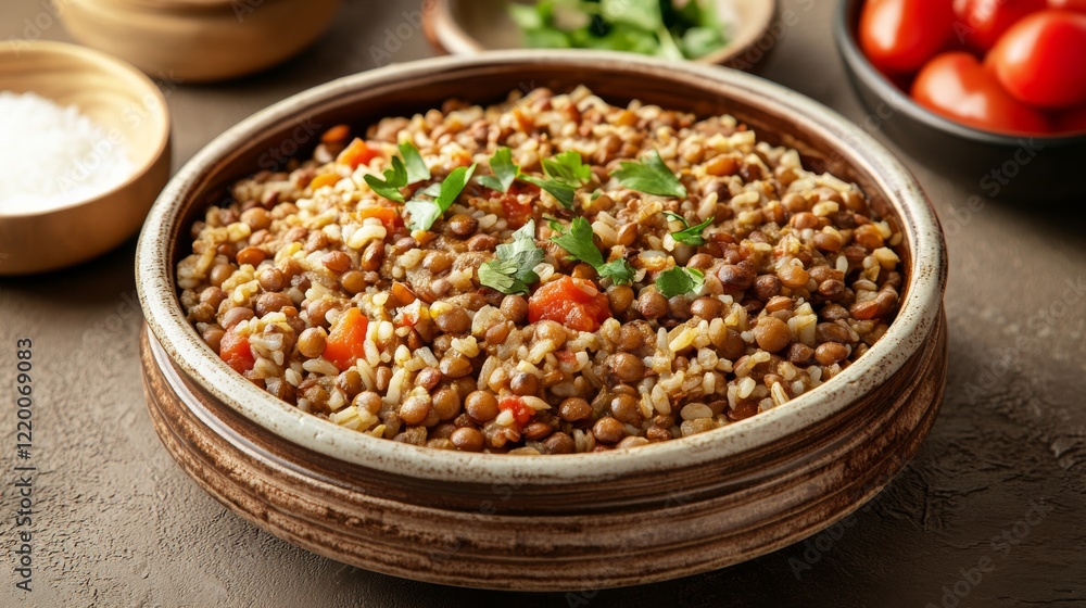Traditional Lebanese mujaddara with lentils and rice. Featuring a nutritious and flavorful dish. Highlighting the texture and flavors of the mujaddara. Ideal for food and cultural themes. Traditional Lebanese mujaddara with lentils and rice. Featuring a nutritious and flavorful dish. Highlighting the texture and flavors of the mujaddara. Ideal for food and cultural themes.