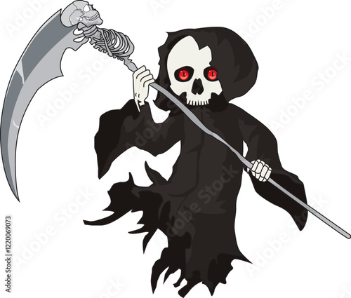 Creepy grim reaper with scythe skull face red eyes vector