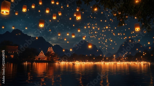 A serene night scene with floating lanterns illuminating a tranquil lake and mountains.