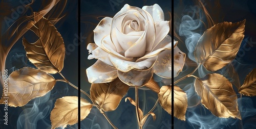 Elegant white rose with gold-leaf accents, set against a dark background with subtle smoke.  A luxurious and sophisticated image.
