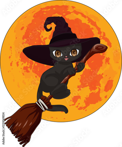 cat with hat in witch broom 