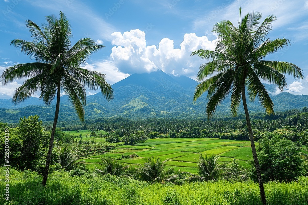 Tropical valley with rice fields, palms, & volcano Tropical valley with rice fields, palms, & volcano