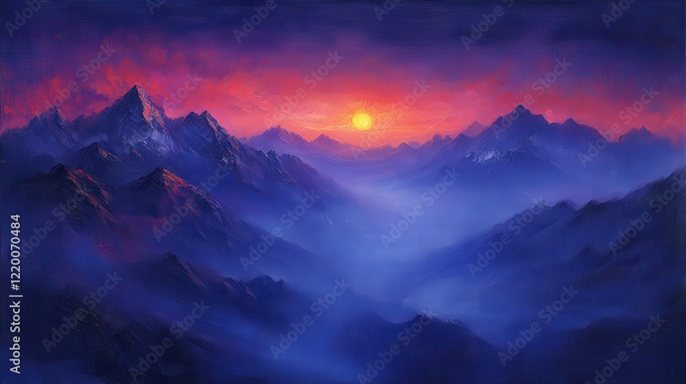 Obraz premium Vibrant Sunrise Over Majestic Mountain Range - Oil Painting Artwork Depicting Colorful Peaks and Sky