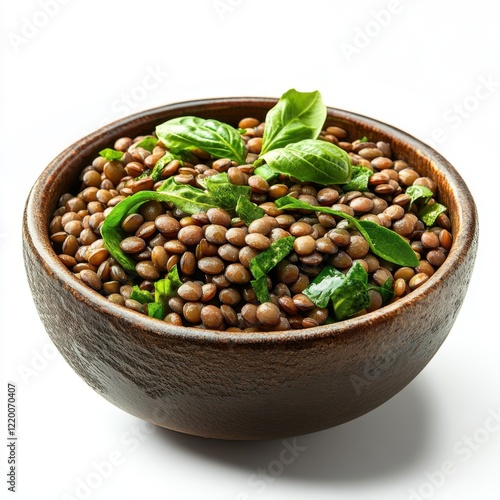 rustic bowl of lentils with fresh greens 