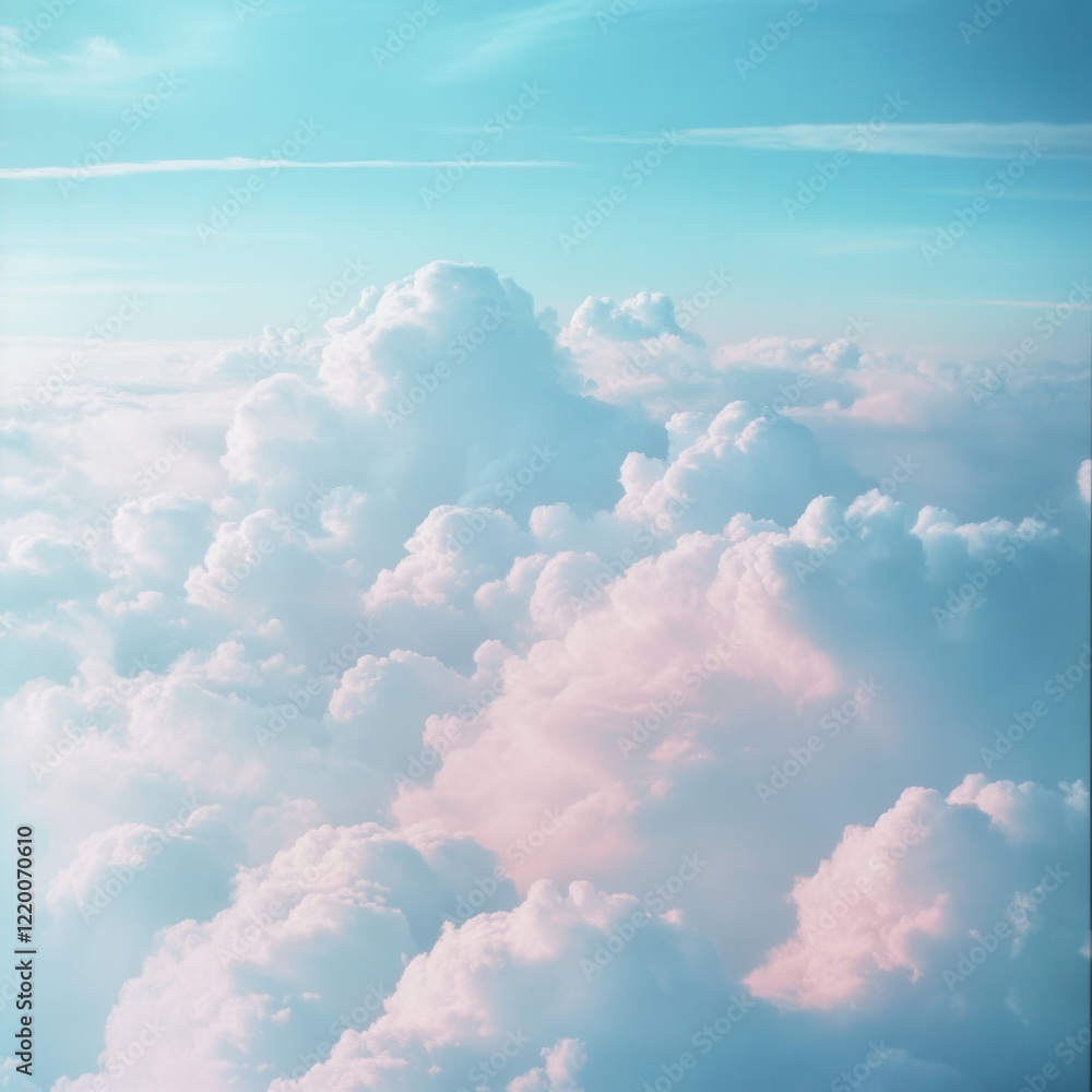 Fluffy Clouds Drifting in Bright Blue Ethereal Atmosphere Against Boundless Horizon Fluffy Clouds Drifting in Bright Blue Ethereal Atmosphere Against Boundless Horizon
