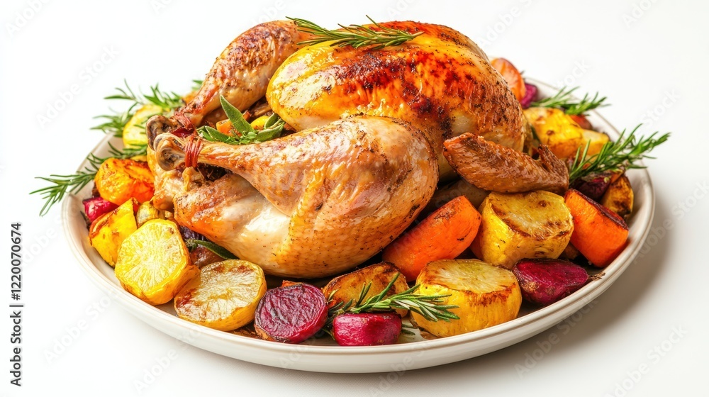 A beautifully roasted turkey surrounded by colorful roasted vegetables and herbs. A beautifully roasted turkey surrounded by colorful roasted vegetables and herbs.