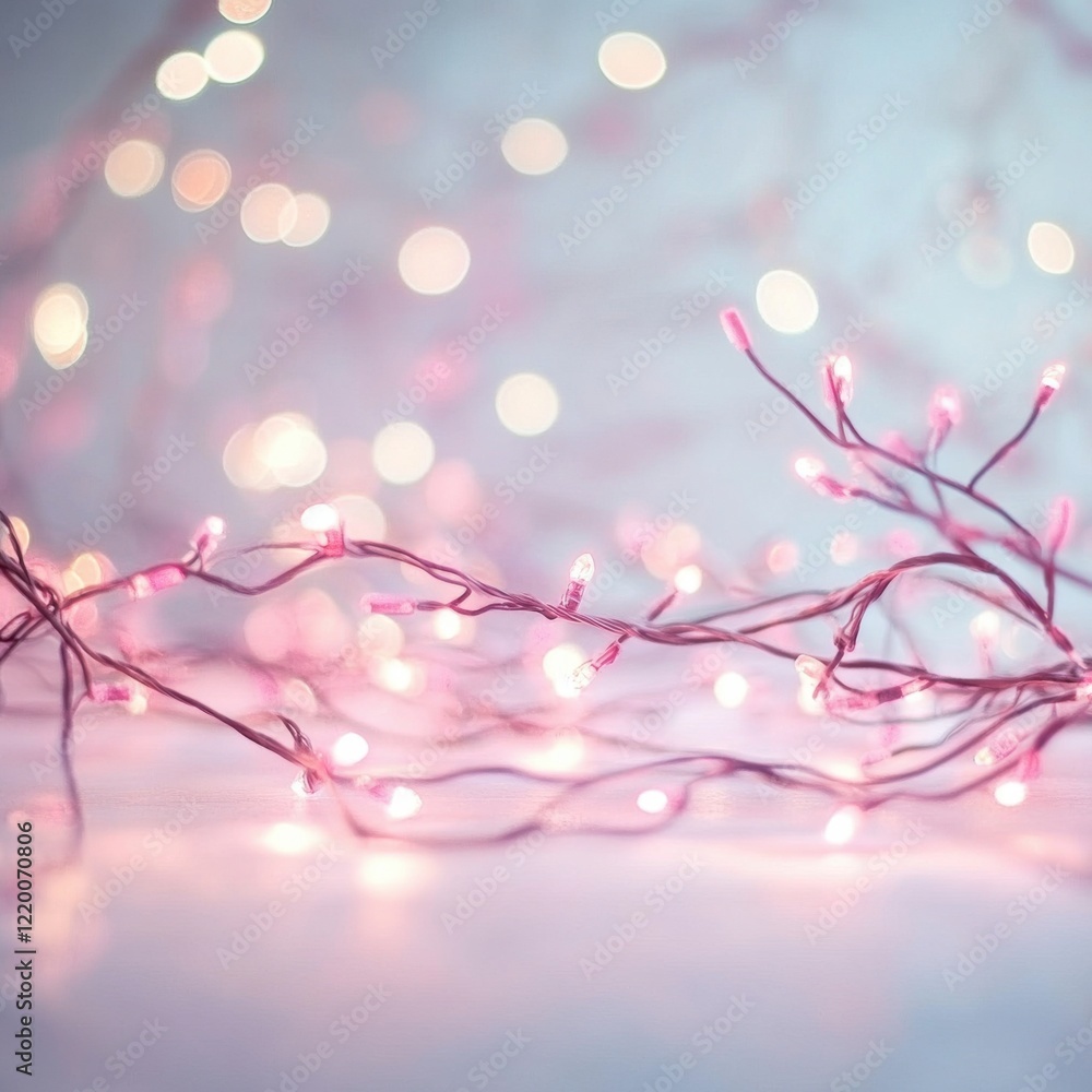 Fototapeta premium Glowing Festive Lights and Garland on Blurred Winter Background