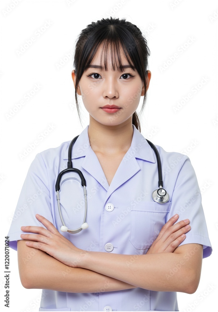Photo of young woman folding hands . aconfident doctor isolated on a plain white background . Ai generative Photo of young woman folding hands . aconfident doctor isolated on a plain white background . Ai generative