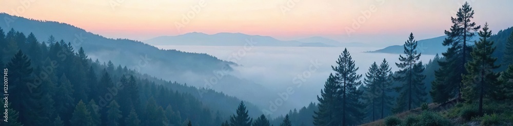 Fototapeta premium Foggy morning in a pine forest with misty valleys, morning, landscape, fog