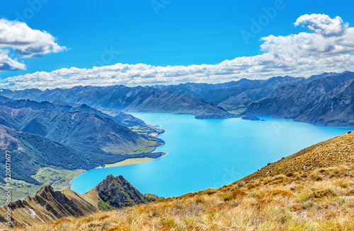 Quadro em tela Lake Hawea and the mountains, Otago, South Island, New Zealand, Oceania