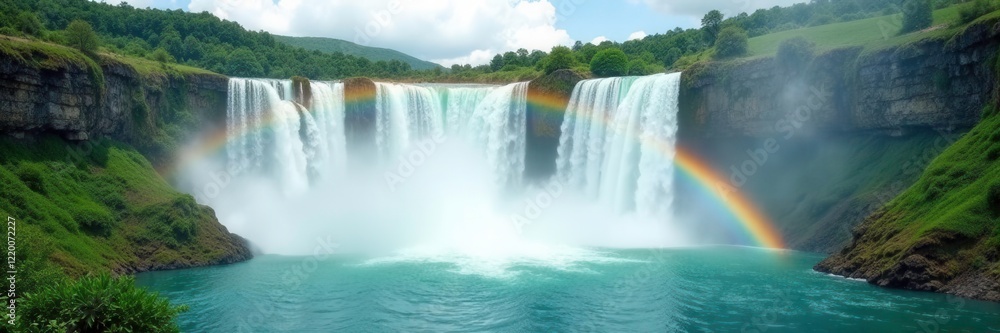 Fototapeta premium Rainbow arches over Banyue waterfall's surface, godafoss, banyue, green