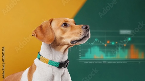 A beagle dog wearing a colorful collar gazes thoughtfully, with data graphs and statistics in the background, blending pet care and technology.