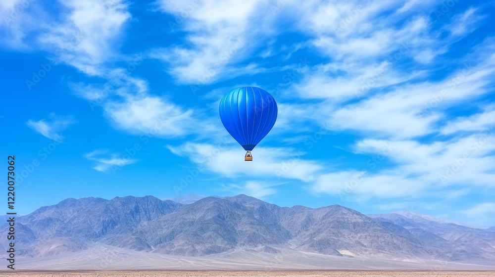 Blue Hot Air Balloon Soaring Over Desert Mountainscape Blue Hot Air Balloon Soaring Over Desert Mountainscape