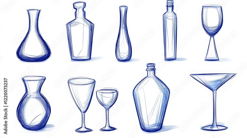 Blue Ink Sketch Glassware and Bottles Collection Blue Ink Sketch Glassware and Bottles Collection
