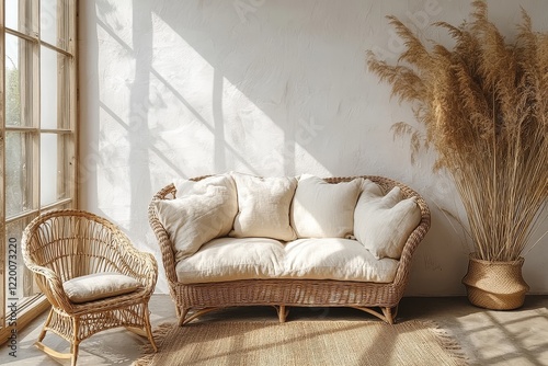 Beautiful mockup of beige linen sofa, wicker armchair & wooden coffee table by white wall, Scandinavian style with natural elements on wooden floor, high - res & detailed.