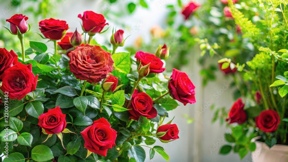 Romantic garden with lush greenery and vibrant red roses in a beautiful floral arrangement against a soft white background, indoor plants, roses Romantic garden with lush greenery and vibrant red roses in a beautiful floral arrangement against a soft white background, indoor plants, roses