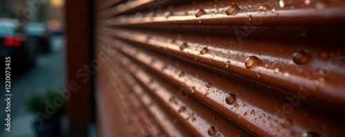 Rain droplets glisten on brown roller shutter, raindrops, brown