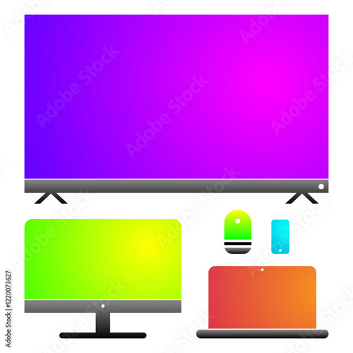 Home devices for work and entertainment. Personal computer, TV, Smart devices, Laptop and Smartphone, modern gradient icons. Vector illustration isolated on white background.