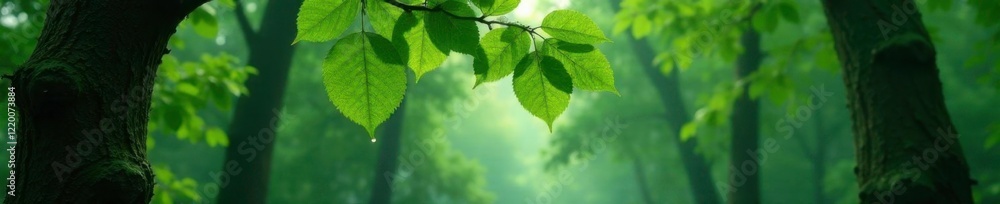 Raindrops on leaves and branches of towering trees, tree details, leaves, trunk Raindrops on leaves and branches of towering trees, tree details, leaves, trunk