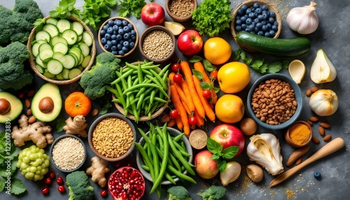 A vibrant mix of healthy foods on a gray surface, featuring colorful fruits, vegetables, grains, seeds, and nuts like blueberries, avocados, broccoli, lentils, and more, symbolizing balanced nutrition