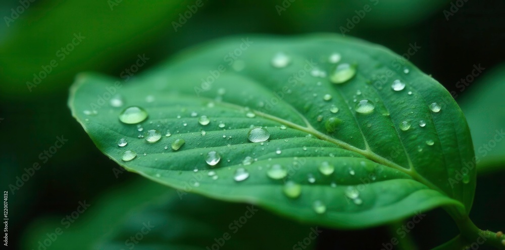 Raindrops on the surface of an areca nut leaf, forest atmosphere, water droplets, wet weather Raindrops on the surface of an areca nut leaf, forest atmosphere, water droplets, wet weather