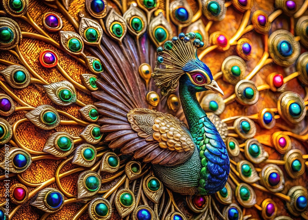 Obraz premium Intricate Peacock Wall Decor, Rich Jewel Tones, High-Resolution Stock Photo